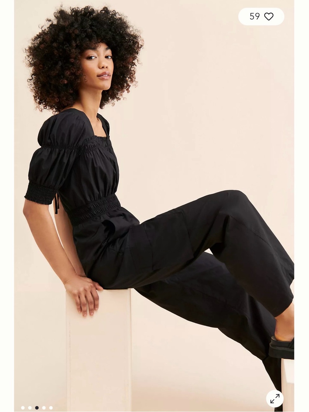 Smocked Waist Black Puff-Sleeve Jumpsuit